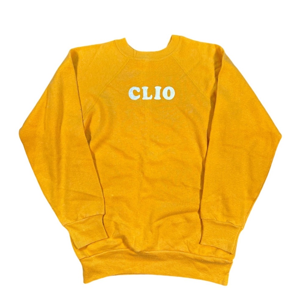 Vintage 80's CLIO Flock Print Yellow Champion Raglan Cotton Crewneck Size M